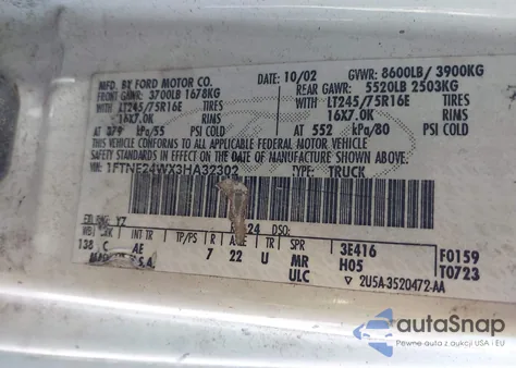 2003 Ford E-250 Commercial/Recreational from USA, damaged, VIN 1FTNE24WX3HA32302